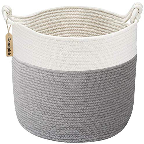 Goodpick Cotton Rope Storage Basket, 15 x 14.2 Inches Baby Laundry Baskets for Clothes, Toy Storage Blanket Basket With Handles for Living Room, Small Woven Baskets for Organizing Home Décor, Grey