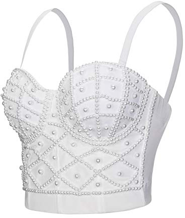 Woboren Femmes Strass Push up Bustier Crop Top Gothique Punk Corset Clubwear Party Bra (Blanc, XS)