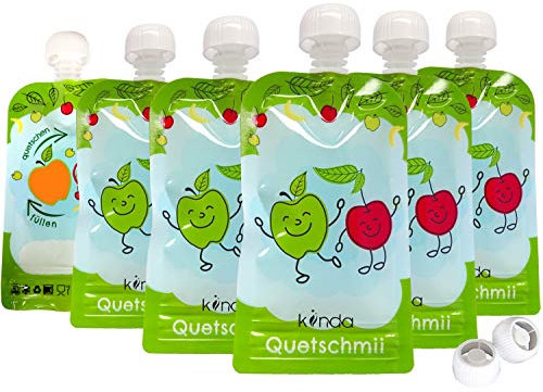 Quetschbeutel wiederverwendbar 6er Pack BPA frei | einfach zu befüllen & reinigen | ideal für Smoothie, Fruchtmus, Baby Brei, Joghurt | Gefrierschrank Geschirrspüler geeignet (100 ml)