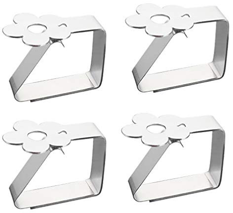 Tischdeckenklammer aus Edelstahl 4er-Set Blume-Motive Tischtuchklammern Silber Dekorative Tischtuchhalter Tischdeckenclips für drinnen und draußen für Tischplatten bis zu 3.5 cm Stärke
