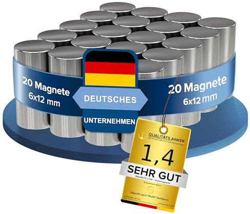 20x Neodym Power Magnet silber - Stabmagnet extra stark lang - Durchmesser 6x12mm lang - starke Magneten Supermagnet - Haftkraft ca. 1,3 kg - Magnete für Whiteboard, Pinnwand, Magnettafel, Werkstatt