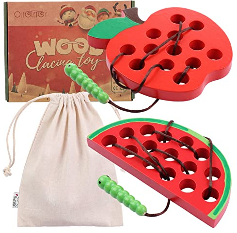 KLT Wooden Lacing Toy for Toddlers: Apple Watermelon Threading Toy - Preschool Fine Motor Skill Learning - Early Educational Gifts for 3 4 5 Kids