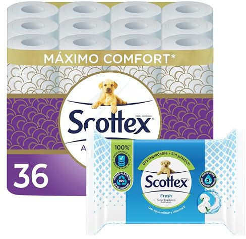 Scottex Papel Higiénico Acolchado 36 Rollos + Higiénico Húmedo Fresh 1 paquete (74 servicios)