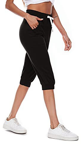 Ietaoo Pantalones deportivos 3/4 para mujer, de verano, de algodón, con bolsillo, Negro , M