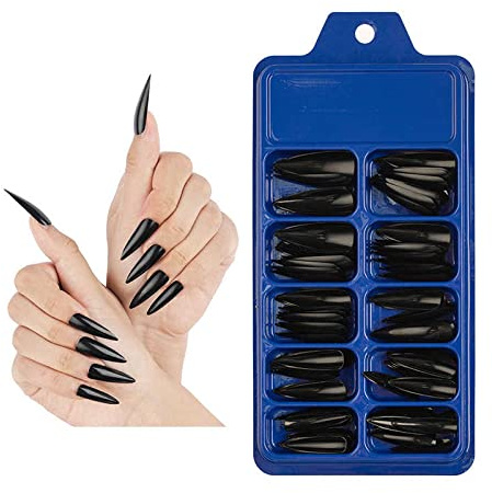 Amni Natural Look False Nail Tips 10 Sizes Matte Full Cover Long Stiletto/Pointy Fake Nails Art Manicure UK (BLACK POINTY NAILS), 100 Piece Assortment
