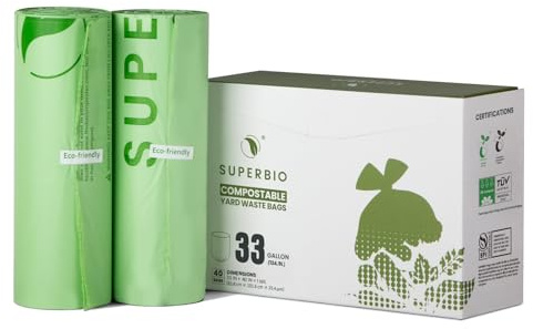 SUPERBIO 33 Gallon Compostable Yard Waste Bags, Lawn & Leaf Bags, 40 Count, ASTM D6400, BPI and OK compost INDUSTRIAL