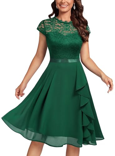 MIUSOL Women's Vintage Lace Contrast Chiffon Ruffles Classy Party Flared Swing Dress (Medium, Dark Green)