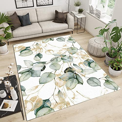 SANSJI Weiße Grüne Blätter Teppiche Gegend, Nordisches Minimalistisches Design Waschmaschinenfest Wohnzimmerteppich - für Terrasse Garten, Küche, Bad oder 120 x 170 cm