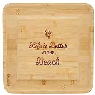 Pavilion - Life Is Better At The Beach - Square Cheese Board & Knife Set with Hidden Drawer, Charcuterie Board, Bread Board, 1 Count - Pack of 5, 13 x 13 x 1.25-Inches