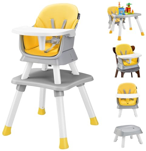 Maxmass 6 in 1 Convertible Baby High Chair, Highchair Converts to Table & Chair Set, Infant Feeding Chair with Harness, Removable Tray, High Chairs for Babies Toddlers (Yellow, 58x58x98cm)