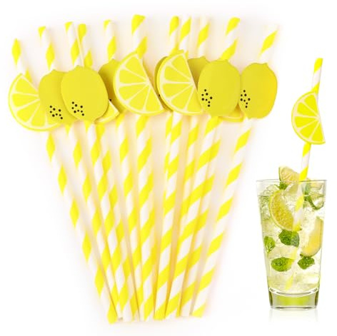 Cannucce di carta con motivo a limoni, cannucce biodegradabili gialle usa e getta, per limonate, forniture per feste a tema limone, set da 20