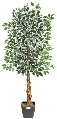 Christow Artificial Ficus Tree, Fake Weeping Fig House Plant for Home Decoration, Lifelike Variegated Leaves, Natural Wooden Trunk with Twists, Weighted Pot, Indoor Outdoor (150cm / 5ft)