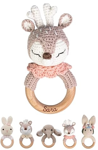 wunderwunsch® - Personalisierter Beißring Baby - Niedlicher Greifling für Baby's ab 0 Monate - Babyrassel mit Name als Baby Geschenk für Mädchen und Jungen (Reh mit rosa Kragen,mit Gravur)