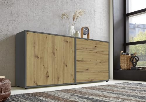 BMG Möbel Sideboard Mailand Set 3 (Schubladenkommode Kommode Anrichte, in anthrazit/Artisan Eiche), Push-to-Open-Funktion