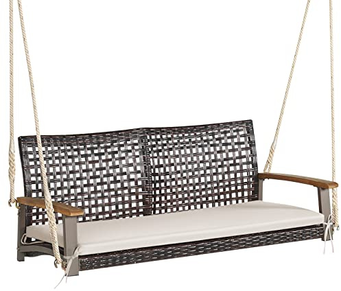 LIFEZEAL 2-Sitzer Rattan Hängeschaukel, Hängebank Gartenschaukel mit Sitzkissen, Doppelschaukel aus PE-Rattan mit Terrassenseile, Hollywoodschaukel mit Rückenlehne & Armlehnen aus Holz (Beige)
