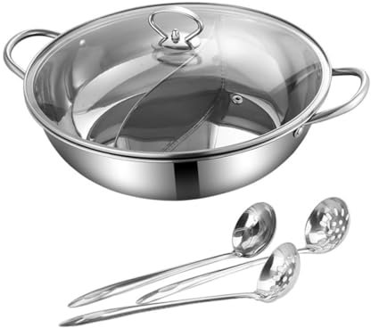 Cabilock Chinese Style Hot Pot Stainless Steel Dual Flavor Hotpot 32cm Multi-Purpose Cooking Pot with Spoon for Home Kitchen Dining Set