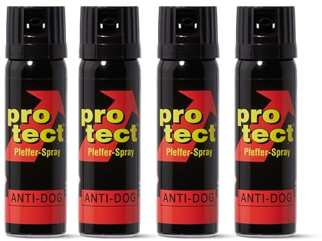 4 Stück Pfefferspray PROTECT Anti-Dog Breitstrahl 63 ml KO Spray Tierabwehrspray zur Selbstverteidigung Reizstoffspray in verschiedenen Sprühvarianten