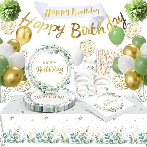 YEJIKJ Décoration Anniversaire Vert, Anniversaire Ballon Vert Sauge, Déco Anniversaire Filles Femmes, Vaisselle Fête Assiette Anniversaire Vert Sauge pour Décoration Anniversaire Garçons Bébés Hommes