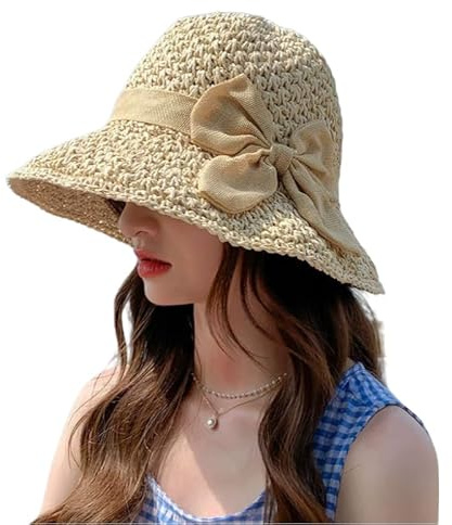 Chapeau de paille pour femme avec nœud papillon - Chapeau de soleil tissé pour l'été - Protection solaire - Chapeau pliable à large bord UPF 50 - Jolie casquette pour voyage et vacances, beige, Taille