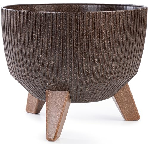 KONZEPT Pflanzschale Groß 24cm Braun, Blumentopf mit Füßen, wetterfest & UV-beständig, mit Wasserabfluss-Einsatz, Übertopf für Innen & Außen