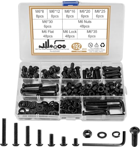 HonQiShiMY Juego de 192 Tornillos M6 con Tuercas, Arandelas Planas y de Seguridad, Llaves Hexagonales - Kit Completo de Tornillos Allen de Acero para Bricolaje, Muebles y Reparaciones en el Hogar