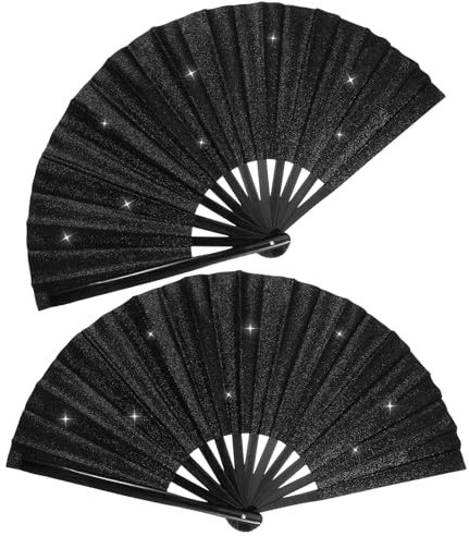 2 Pcs Folding Hand Fan, Glitter Large Bamboo Folding Clack Hand Fan Nylon-Cloth Vintage Retro Fabric Fans for Women/Men Wedding Party Favor Performance Dance Home Decorations Festival Gift 25(2 Pc)