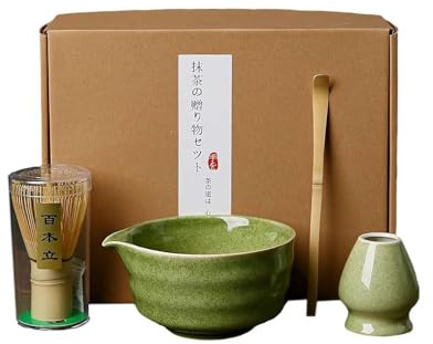 Ensemble de 4 fouets à matcha exquis, élégant kit à matcha comprenant un bol à matcha en céramique avec bec verseur et un support pour fouet à matcha (vert)