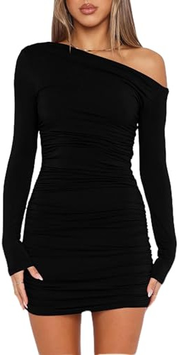 ELFIN Women's Sexy Bodycon Mini Dress Long Sleeve Off Shoulder Ruched Club Party Evening Short Dresses Black