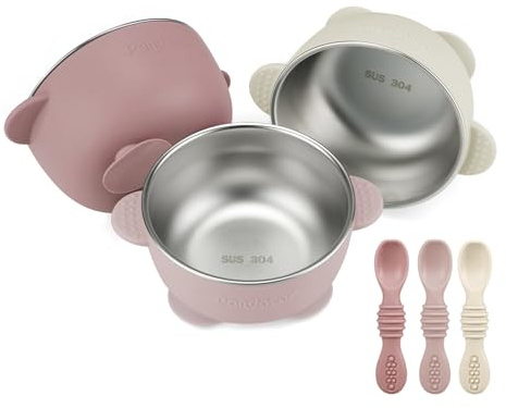 PandaEar 3 Pack Edelstahl Babysaugschalen &3 Babylöffel| Leckdichte Aufenthalts Silicon Food Bowl für Babys Kinder Kleinkinder Säuglinge | Lebensmittelqualität weiches BPA-freies
