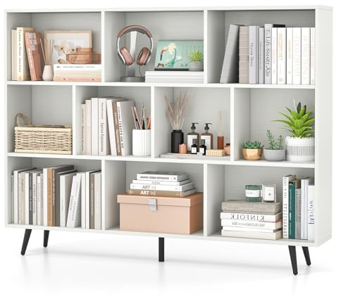COSTWAY Libreria a 10 Cubi, Organizzatore di Stoccaggio Moderno con 5 Gambe di Metallo, Scaffale per Esposizione con 2 Kit Anti-Ribaltamento per Soggiorno Studio Camera da Letto, Bianco (140x24x107cm)