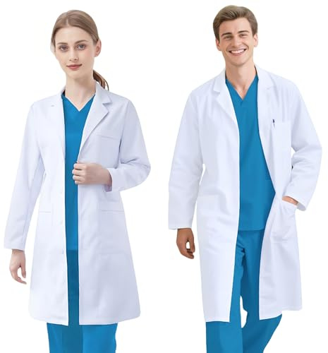FAHAKO Blouse Chimie Lycee Blouse Blanche Coton Femme Homme Blouse Laboratoire Blouse Blanche Chimie Lycee Manche Longue Blouse Médicale avec 3 Poche Bouton pour Scientifique Infirmier Etudiant, S