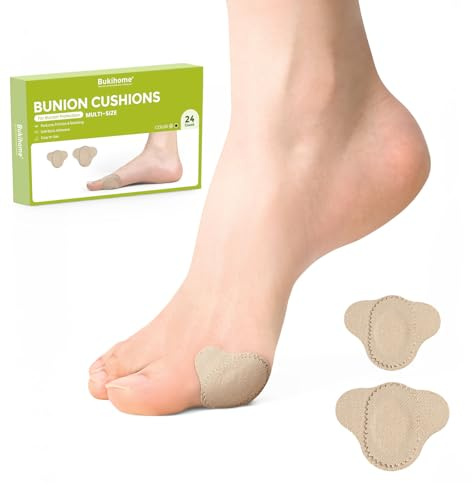 Bukihome Almohadillas para juanetes para llevar con zapatos, 24 piezas de moleskin para pies, resistentes al agua, cojines para alivio del dolor de juanetes para comodidad y protección durante todo el