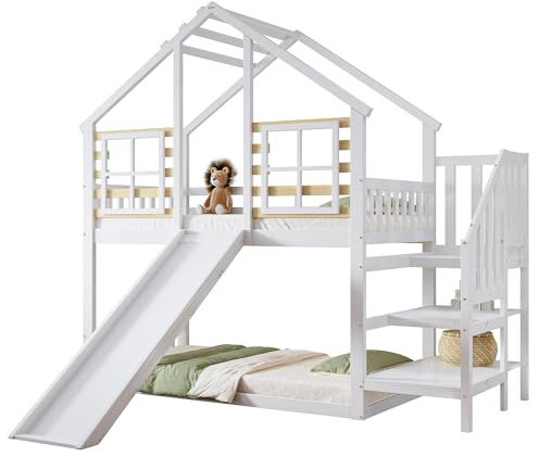 OOIILLEE Lit Superposé Cabane en Bois Massif avec Toboggan, Escalier et Barrières de Sécurité - Cadre Blanc 90x200 cm pour Enfants, Espace de Rêve et Jeu Pratique