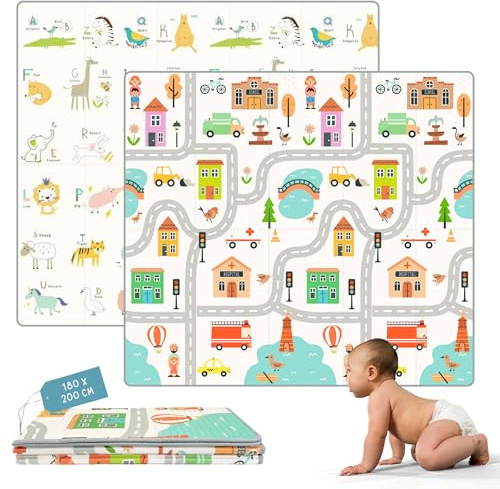 HuBorns - Spielmatte Baby Faltbar 200x180 cm und Wendbar, Krabbelmatte Baby Schadstofffrei mit CE Zertifikat, Play Mat XXL Gepolstert, Spielmatte rutschfest und Wasserdicht (Stadt XL)