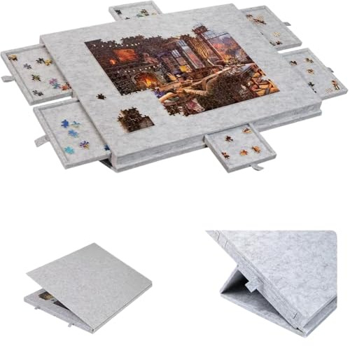 Tablero de Rompecabezas Portátil, Mesa de Rompecabezas Inclinable con Soporte Ajustable, Tablero de Rompecabezas de Fieltro Liviano con Cubierta y 6 Cajones de Clasificación (Light Grey)
