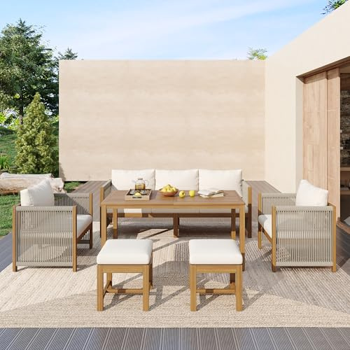 TOBIDOEN Gartenmöbel Set 6-teilig, Garten Esstisch Set mit 3er Sofa 2 Einzelsofas 2 Hocker und Esstisch, Akazien Tischplatte, ideal für Familientreffen im Freien - Beige, Stil B