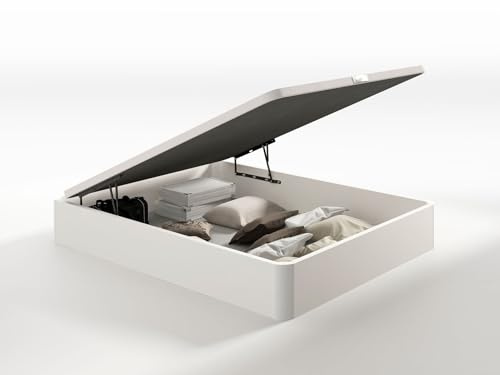 Canapé abatible madera 32 cm alto, gran capacidad, pistón hidráulico, fácil apertura, base tapizada 3D transpirable, esquinas redondeadas, montaje y retirada de usado incluidos. - Blanco, 160x200 cm