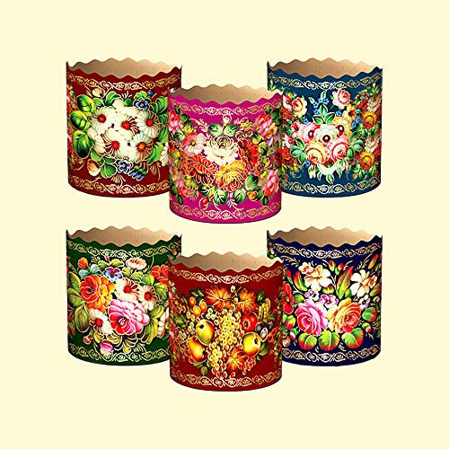Slco Backform für Osterkuchen, 5er Set, Zhostovskaja Rospis, H-8,5 cm, D-9cm, Mehrfarbig, Wegwerfbar, Hochzeit, Valentinstag, Geburtstag, Weihnachten, Papier