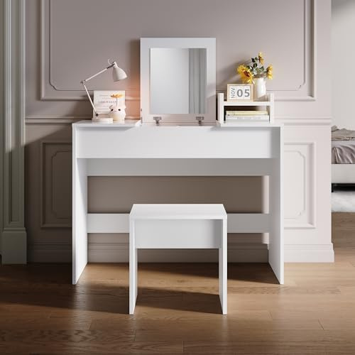 SONNI Schminktisch Frisiertisch mit Hocker Klappspiegel Weiß 100x45x76cm | Kosmetiktisch, Schreibtisch, Kommode für Make-up 3 in 1 Design für Schlafzimmer, Wohnung, Loft, Wohnheim, Holz