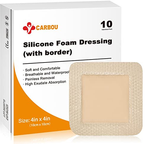 Carbou 10Pcs Silicone Foam Dressing 4x 4(10 cm x 10 cm) - with Border Adhesive Waterproof Central Ultra Absorbent-Foam (2.5 X 2.5) Square Dressing Waterproof Silicone Wound Bandage