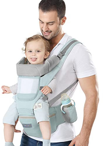 Azeekoom Babytrage Ergonomischemit Hüftsitz, Baumwolle Kindertrage Dorsal und Ventral, Leicht Atmungsaktive, Verstellbare Kopfstütze für Babys und Kinder von 0 bis 48 Monat (3,5 bis 25 kg)