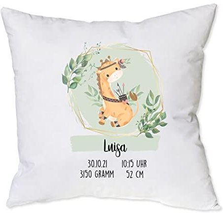 minimutz Kissen zur Geburt mit Namen personalisiert | Motiv Giraffe Boho mit Geburtsdaten 40 x 40 cm | Geschenk Geburt Taufe für Jungen & Mädchen | Deko-Kissen für Baby-Zimmer Seegrün Kissenhülle