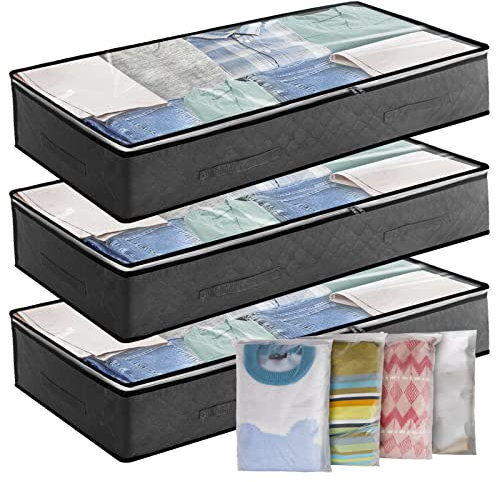 Underbed Storage Bag 3Pack 90L Large Under Bed Storage Box with 4 x Large Zip lock Bags with PVC Window for Clothes, Duvets, Comforters, Blankets, Bedding