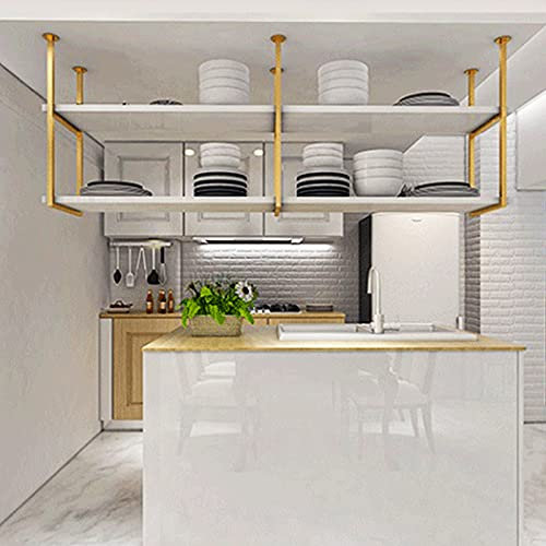 Tablette suspendue de plafond de poche de rack de pote-60cm/80cm/120cm/140cm/150cm Porte-vins de stylo à fleurs flottantes, étagère de rangement en fer à repasser en bois pour salon bar - blanc + or (