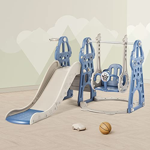 4 in 1 Toddler Slide and Swing Set, Kid Slide for Toddlers Age 1-2, Baby Slide with Basketball Hoop, Indoor Outdoor Slide Toddler Playset Toddler Playground– Blue