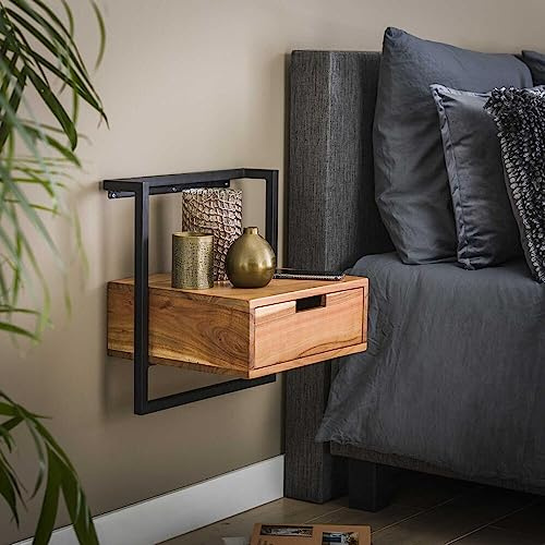 RINGO-Living Massivholz Nachttisch Kaia Hängend - Metall & Holz Mit Schublade & Fach, Dunkelbraunes Regal Mit Schwarzem Metall Rahmen, Schlafzimmer Wandregal Schwebend