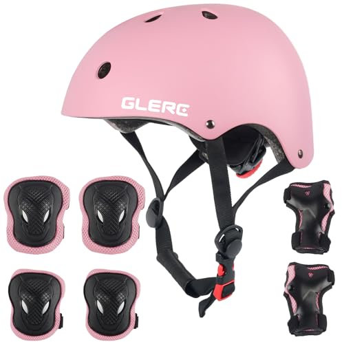 Glerc Kinder Helm rotective Gear Set, Knie Ellenbogen Handgelenk Pads für Alter 3-8 Jahre alt Jungen Mädchen, Schutzausrüstung einstellbar Set für Skateboard Roller Radfahren Skaten, S, Rosa