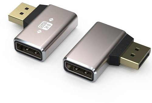 VMOJO Lot de 2 adaptateurs de coupleur Displayport, coque en alliage 8K UHD HDR Displayport (DP) 1.4, angle droit de 90 degrés, convertisseur d'extension mâle vers femelle 8K @ 60 Hz/4K @ 144 Hz