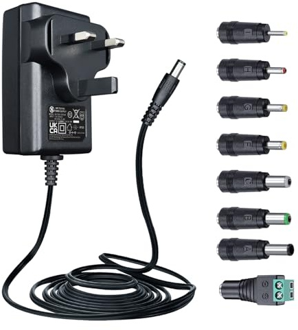 12V 2A 1.8M Power Supply Adapter with 8 Tips, AC to DC 24W 2000mA 1500mA 1000mA Replacement Power Cord for CCTV Camera DVR NVR LED Strip Router Speaker LED Mirror Desk Lamp and More, UKCA Certified