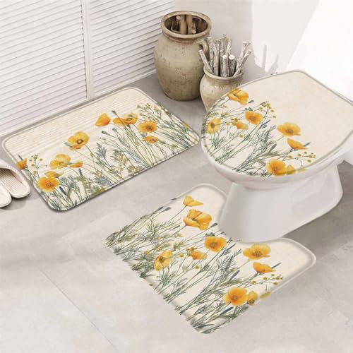 rutschfeste 3 Badteppich Set Pflanzen Gelbe Blumen Leinenstruktur Badgarnitur Badematten Weiche Wasserabsorbierend U-Förmigen Contour Matte, Für Badezimmer, Badewanne
